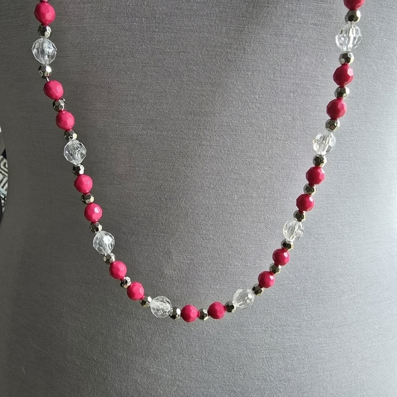 Long Beaded Pink Silver and Clear Necklace 48" Handmade - Picture 4 of 4